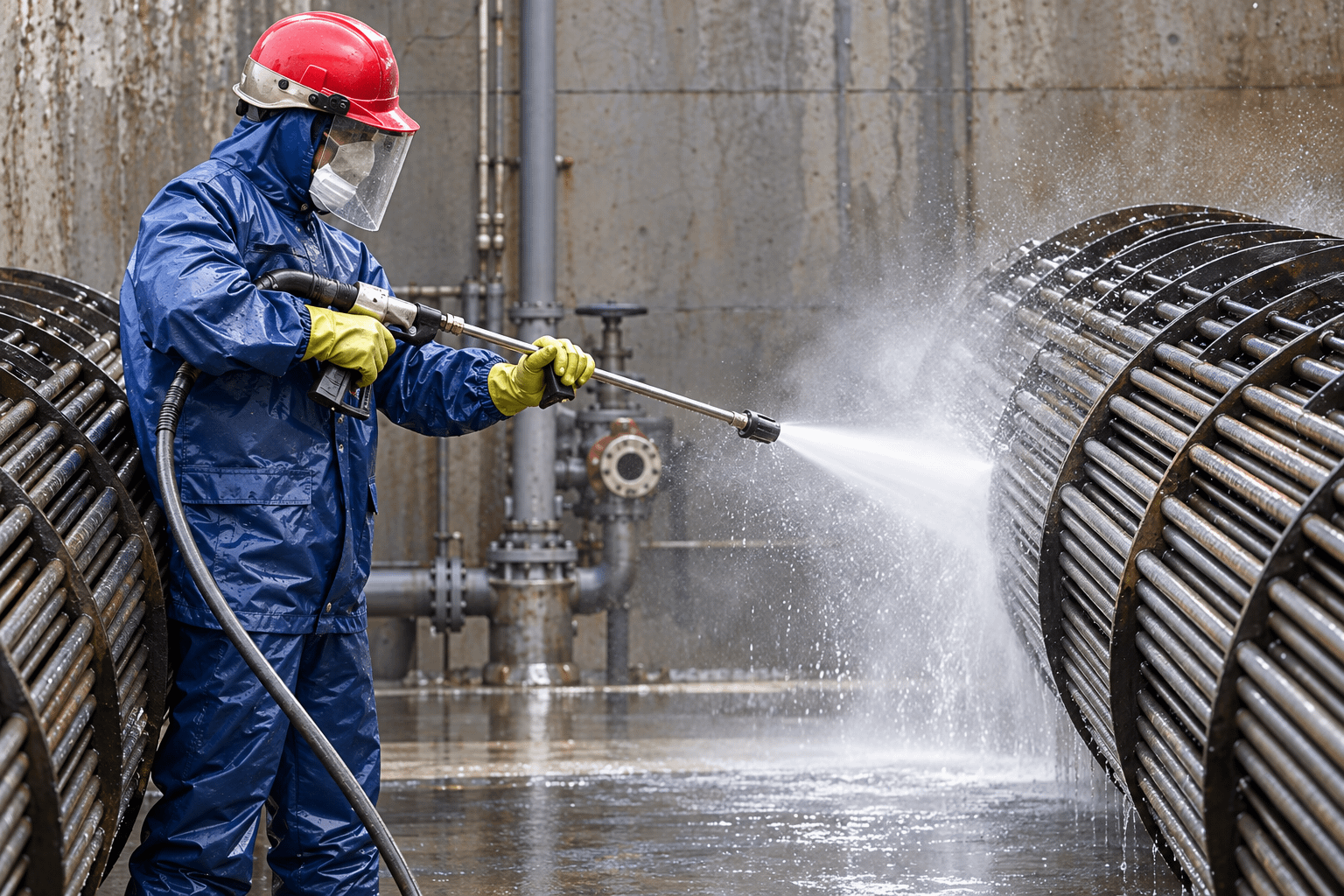Industrial component cleaning with protective workwear