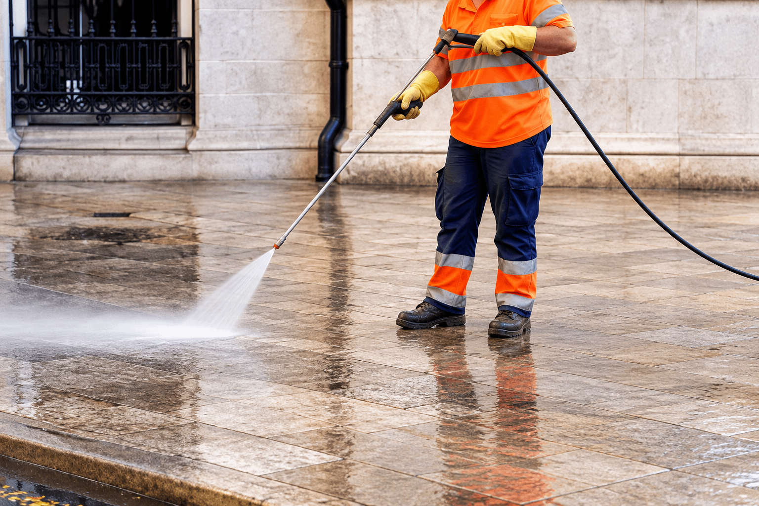 Commercial property stone pavement pressure cleaning