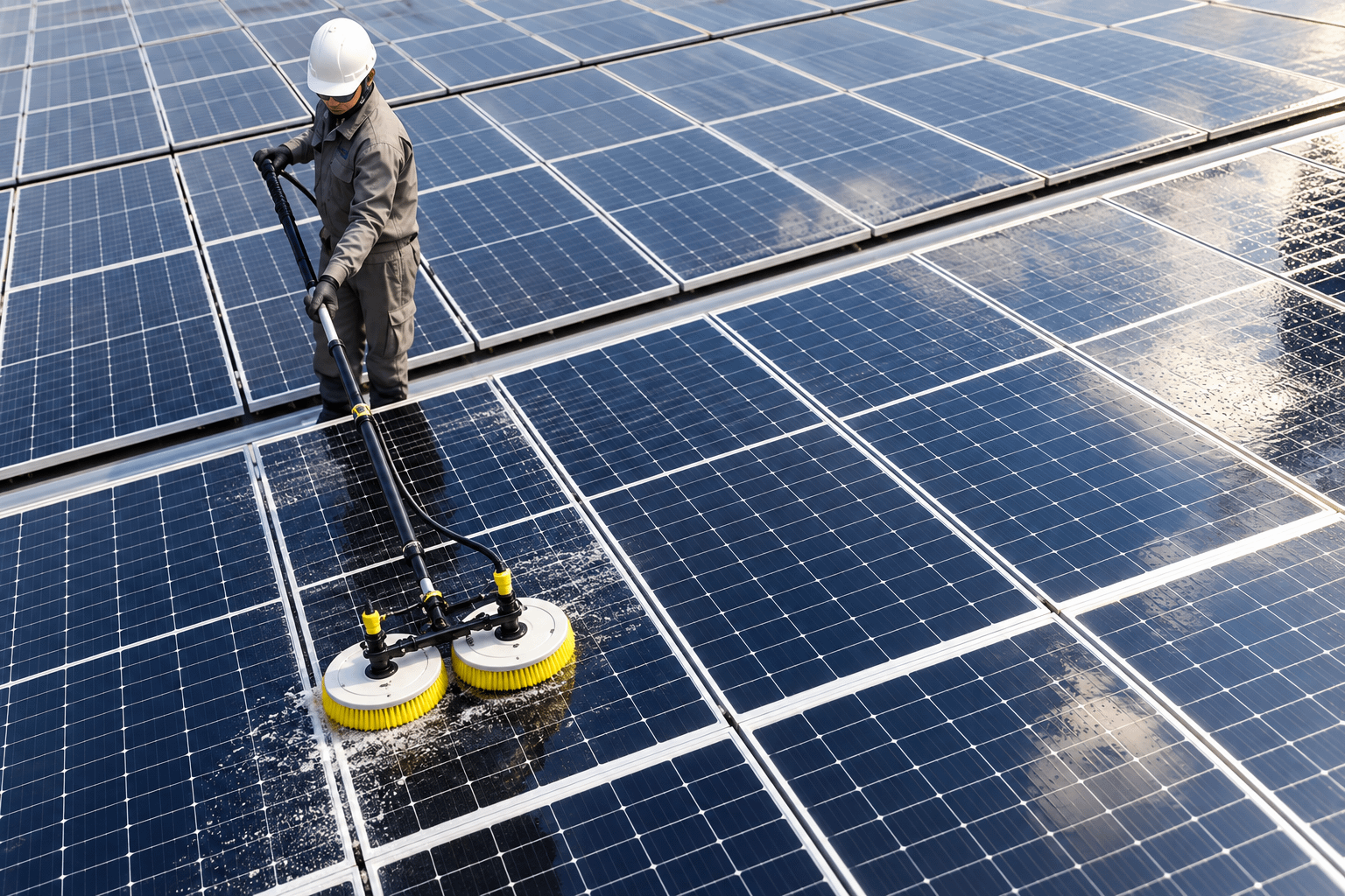 Commercial solar panel maintenance with twin circular cleaning brushes