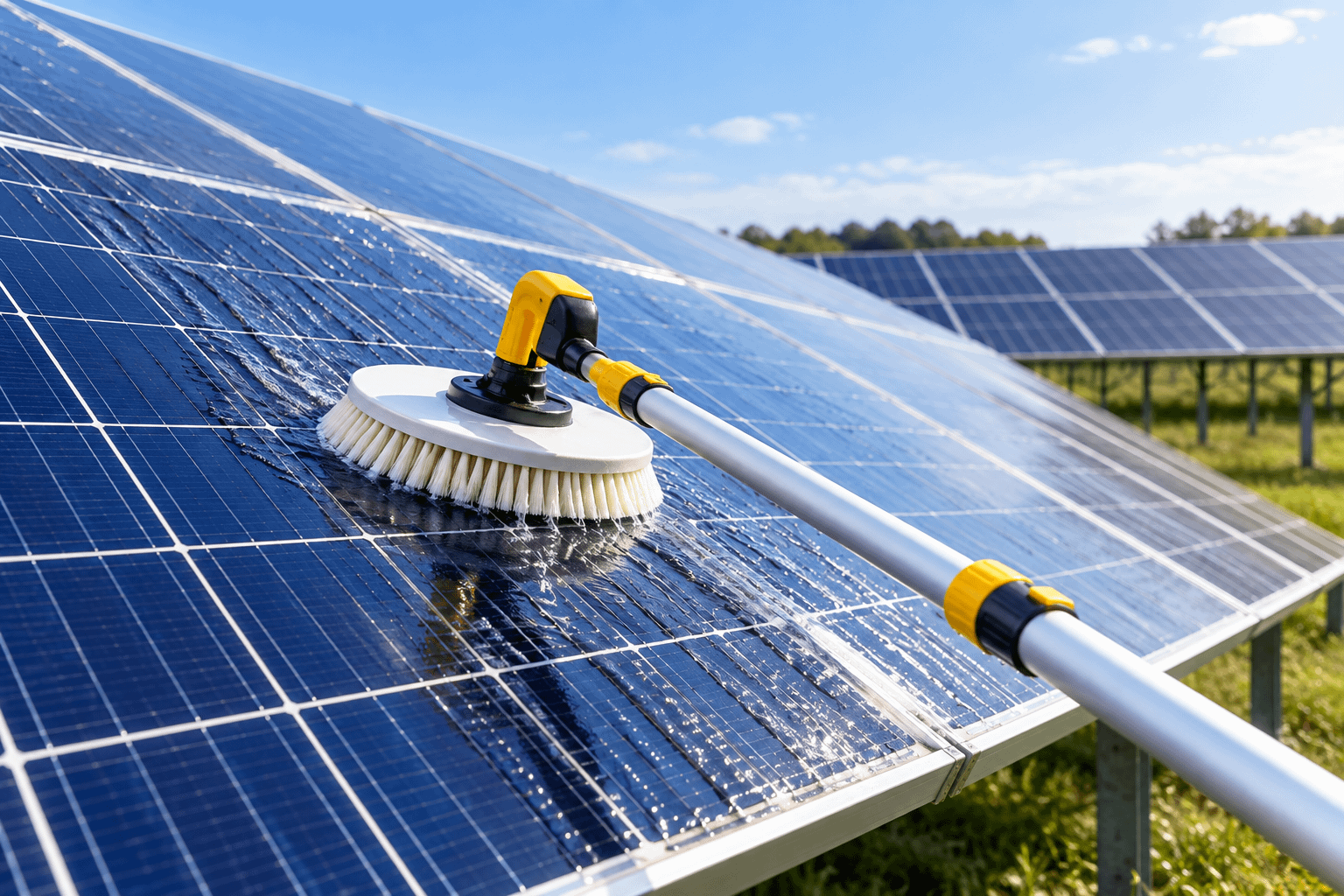Telescopic water-fed brush cleaning photovoltaic panels