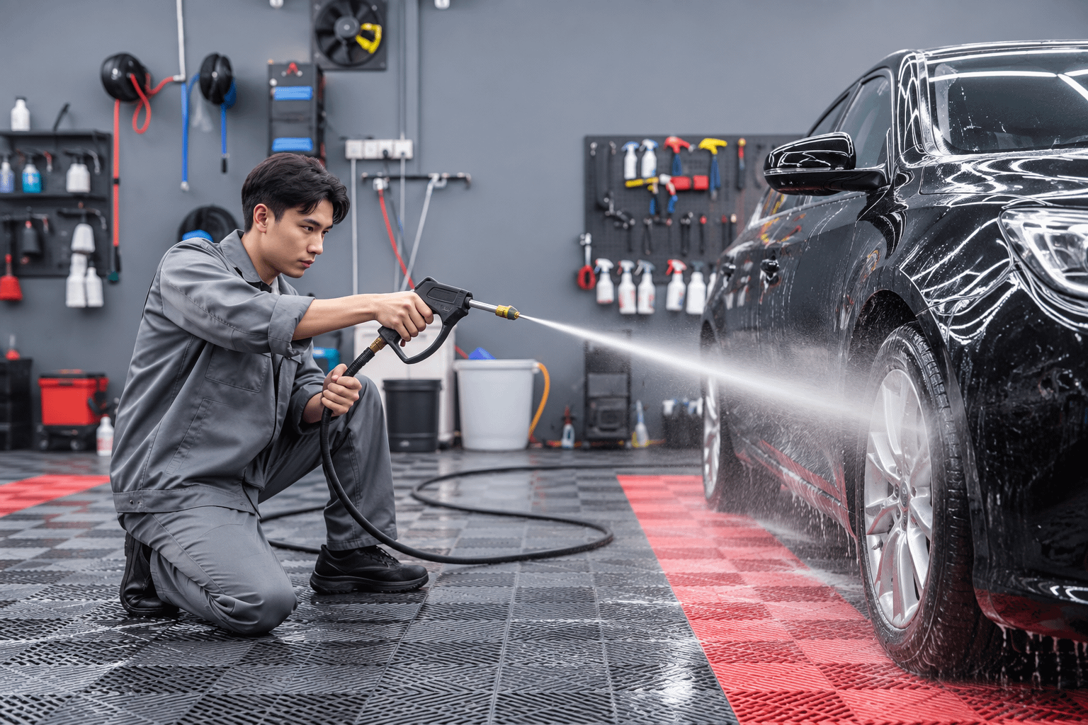 Professional vehicle washing in a detailing workshop