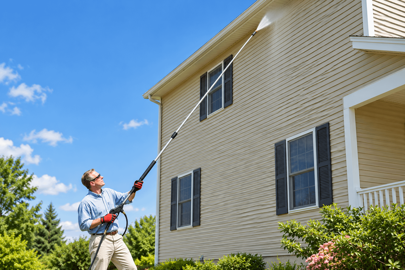 House exterior siding cleaning with a telescopic lance from ground level
