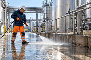 Industrial facility walkway cleaning near process tanks